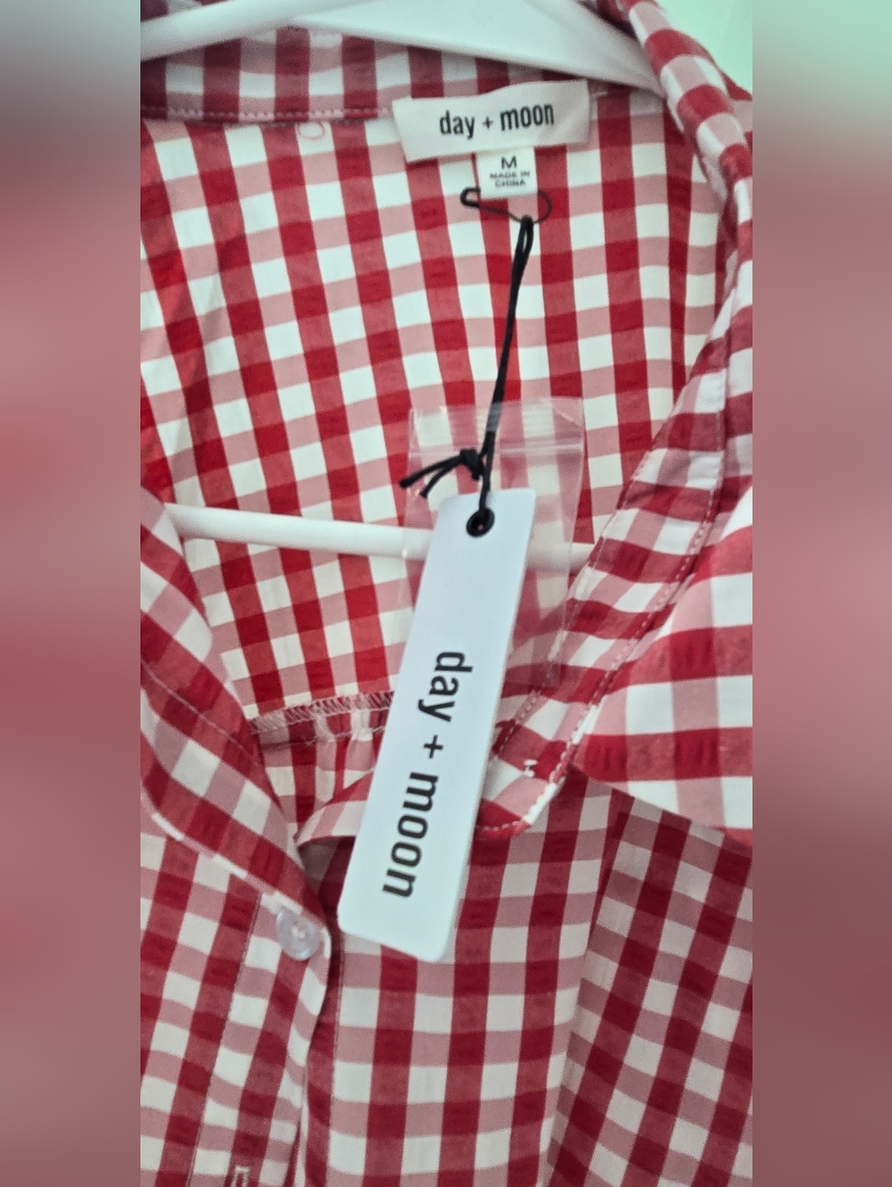 Day Moon Red Gingham Button-Up Women's Shirt- Boyfriend Oversized - Picture 2 of 4